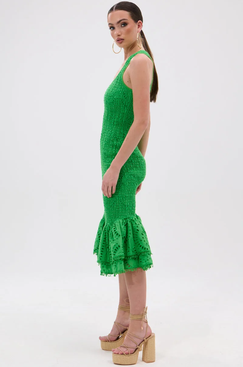 LET'S GO TO THE BEACH RUFFLE MIDI DRESS IN GREEN sold by AKIRA product image thumbnail 4