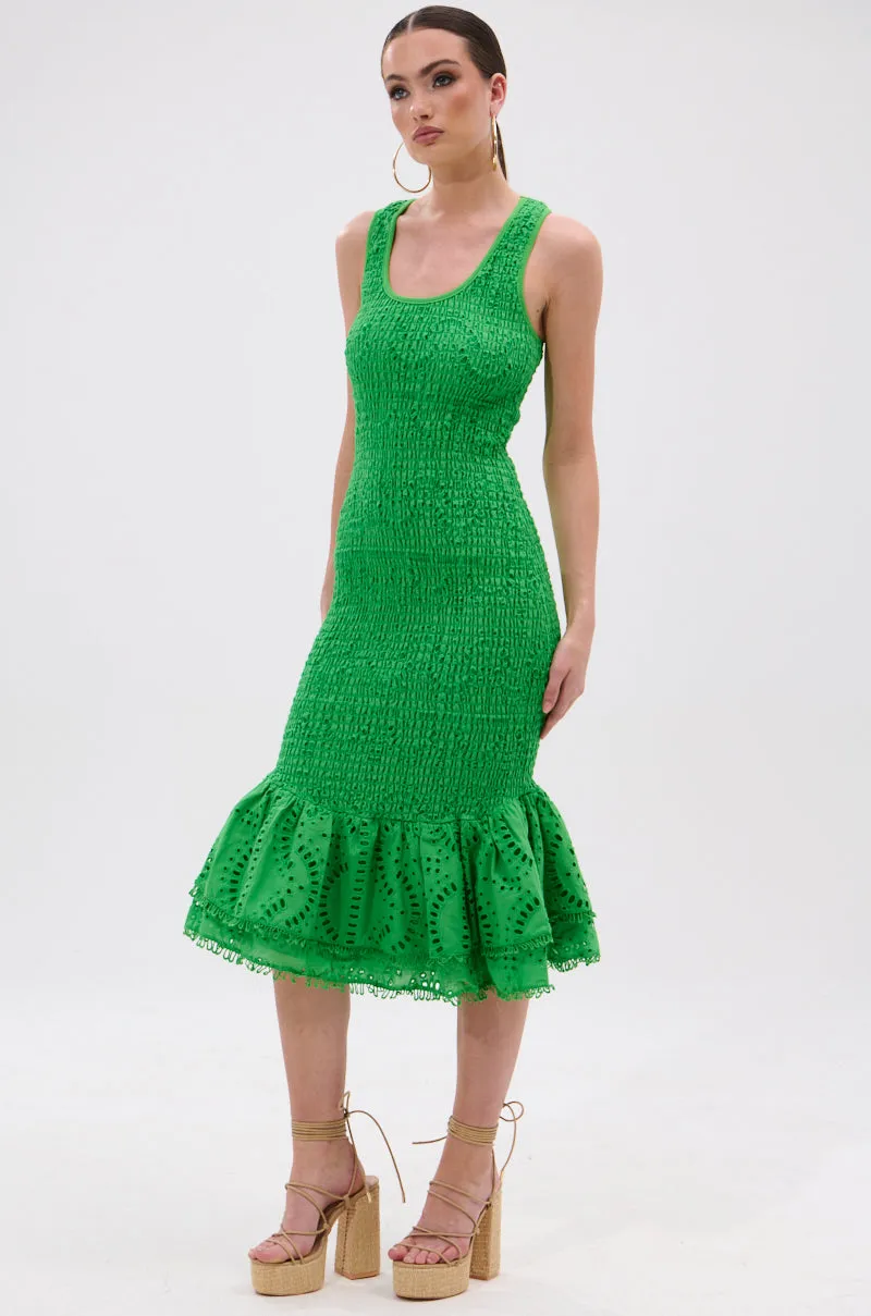 LET'S GO TO THE BEACH RUFFLE MIDI DRESS IN GREEN sold by AKIRA product image thumbnail 3