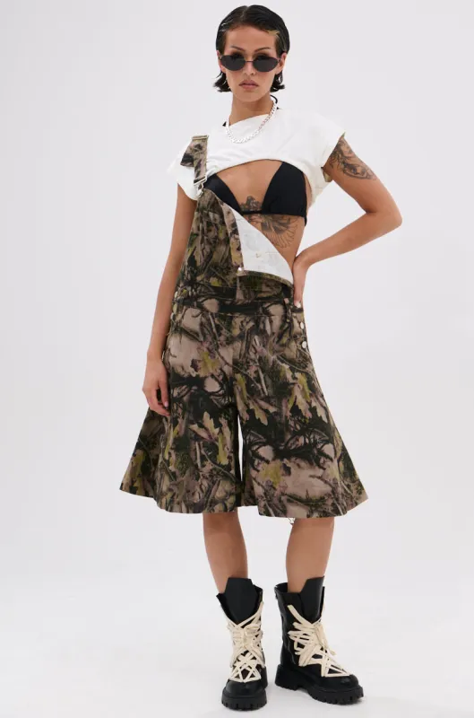CARMINE CAMO OVERSIZED OVERALL SHORTS made by AKIRA