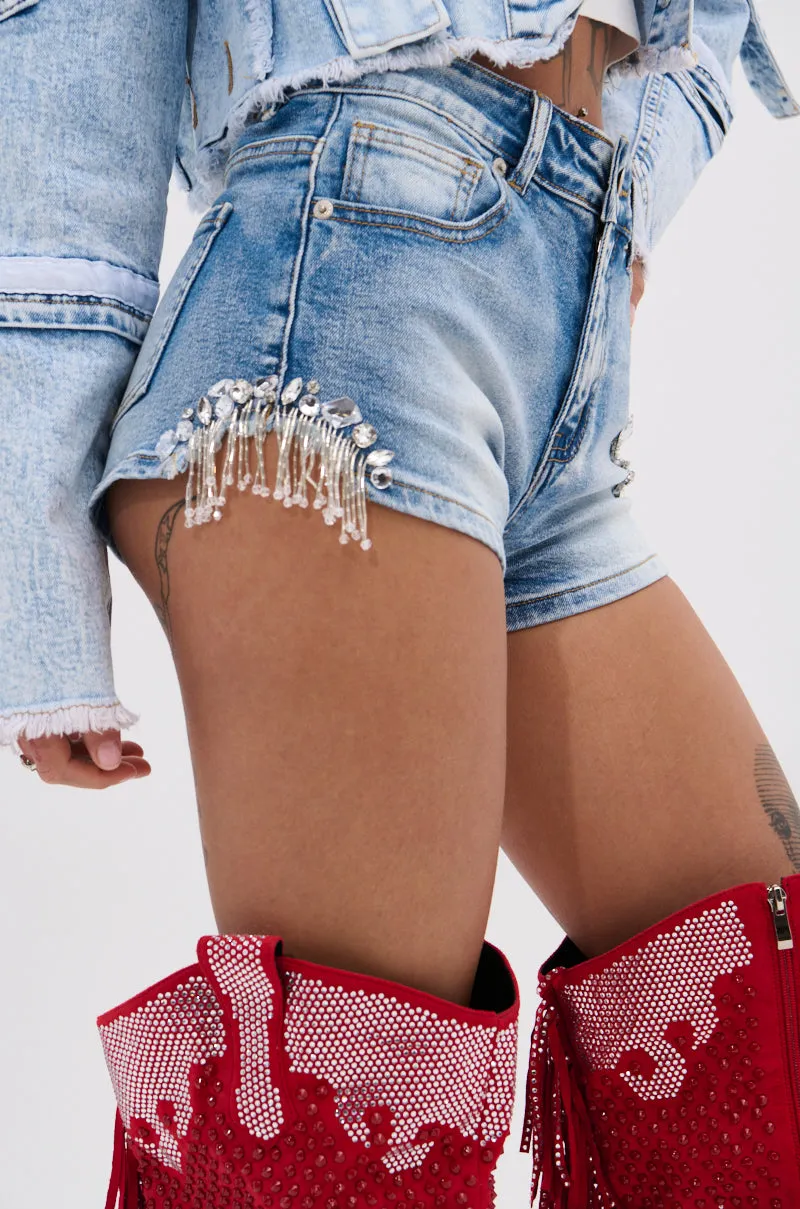 KYLIE EMBELLISHED DENIM SHORT sold by AKIRA