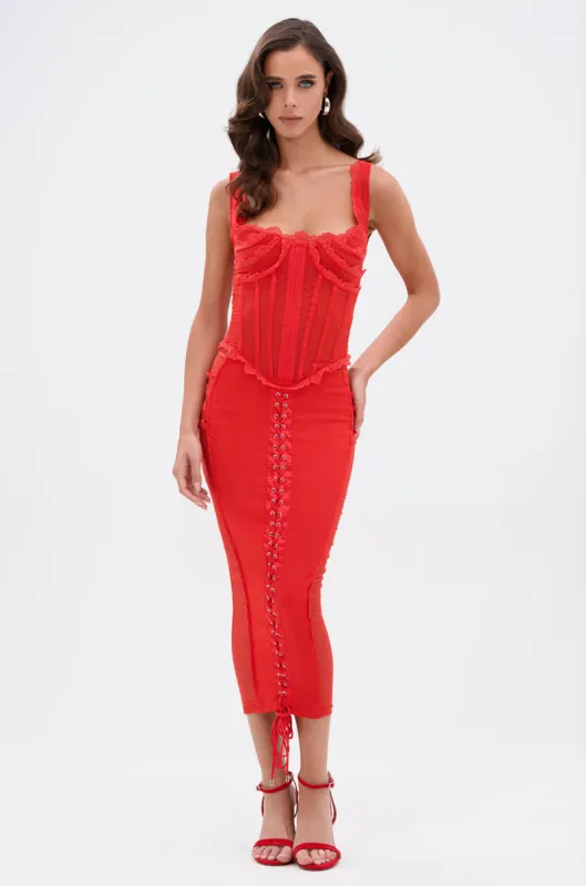 LET ME REMIND YOU LACE UP MESH MIDI DRESS IN RED sold by AKIRA