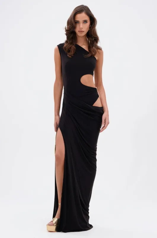 ONLY ME CUT-OUT MIDI DRESS IN BLACK sold by AKIRA