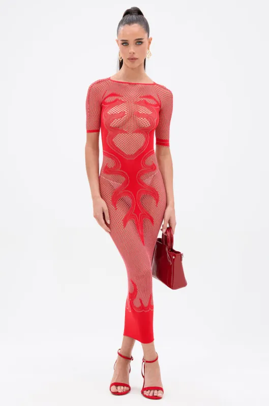 SEXY AS HELL MESH MIDI DRESS IN RED sold by AKIRA