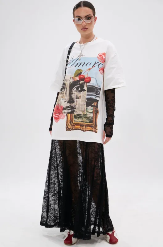 GIRLY BUT NOT LAYERED LACE MIDI DRESS WITH GRAPHIC sold by AKIRA