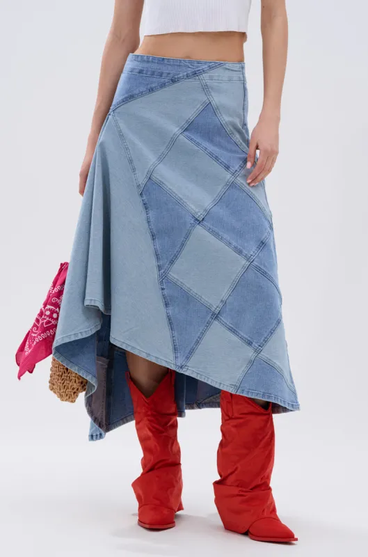 ALL WE NEED IS LOVE DENIM MIDI SKIRT sold by AKIRA