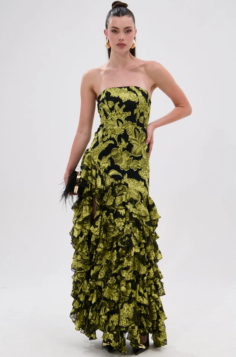 STOLE THE SHOW SATIN RUFFLE MAXI DRESS sold by AKIRA