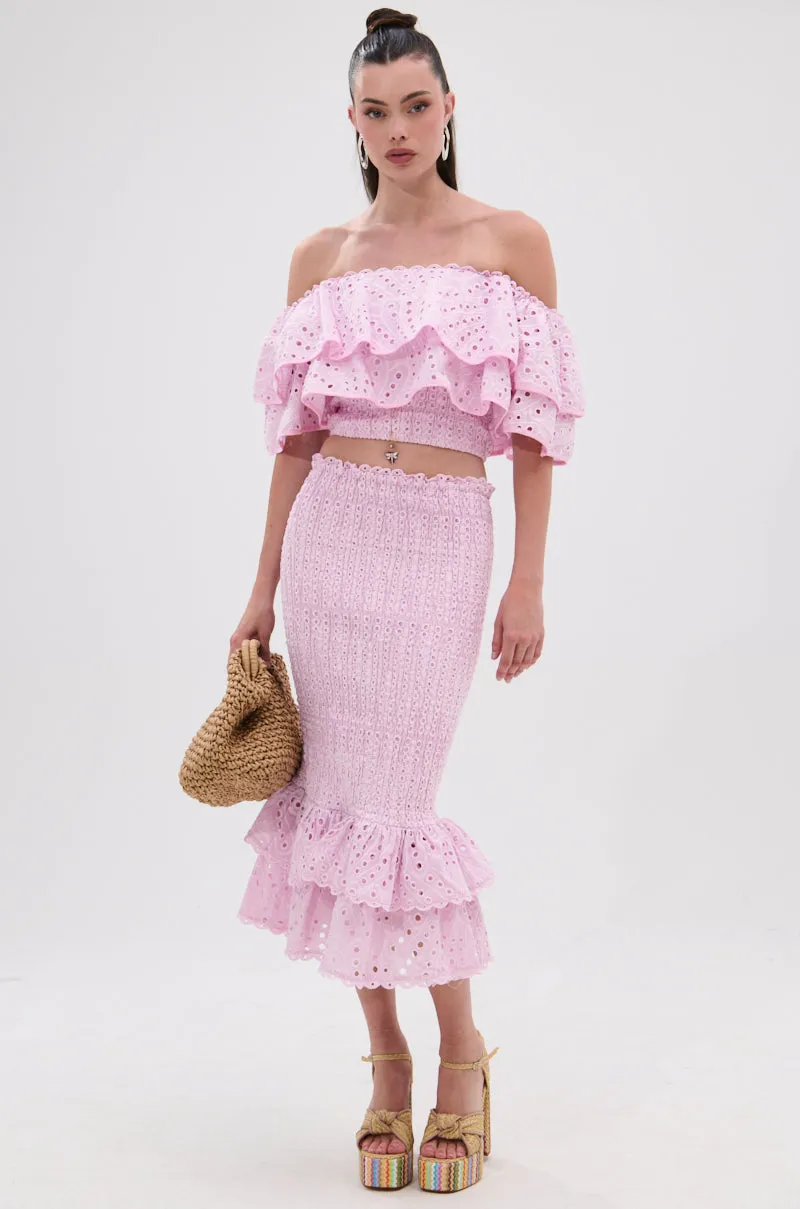 LOLLI EYELET MIDI SKIRT IN PINK sold by AKIRA