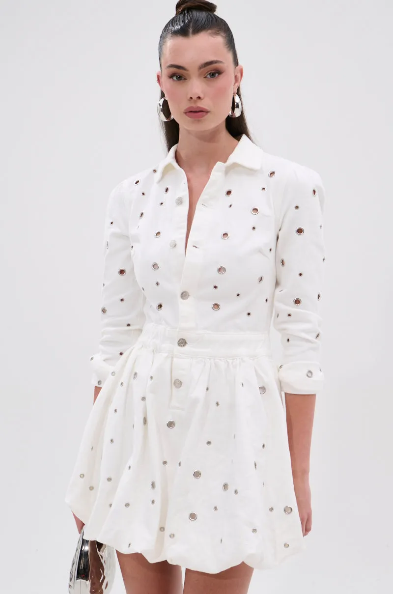 CUT IT OUT DENIM MINI DRESS WITH GROMMETS sold by AKIRA