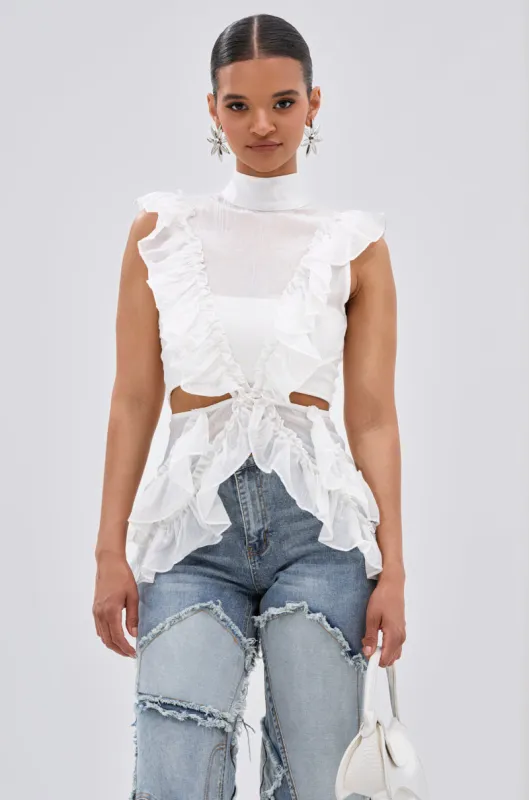 TIFFANY RUFFLE BLOUSE IN WHITE sold by AKIRA