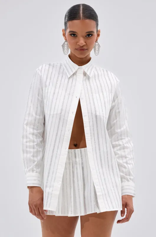 ONTO THE NEXT EMBELLISHED BUTTON DOWN TOP IN WHITE sold by AKIRA