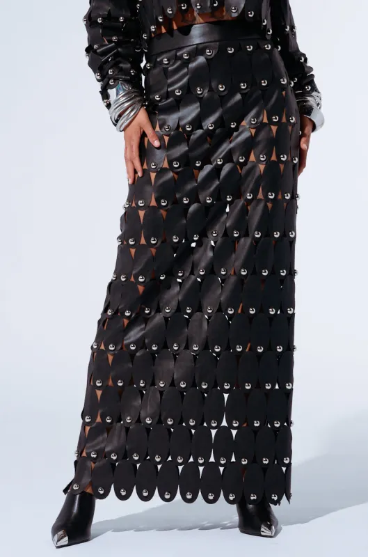 THE SNEAK PEEK STUDDED PU MIDI SKIRT IN BLACK sold by AKIRA