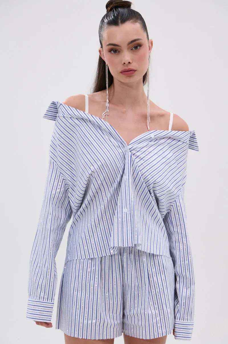 NOTHING BETTER STRIPE BUTTON DOWN WITH RHINESTONE sold by AKIRA