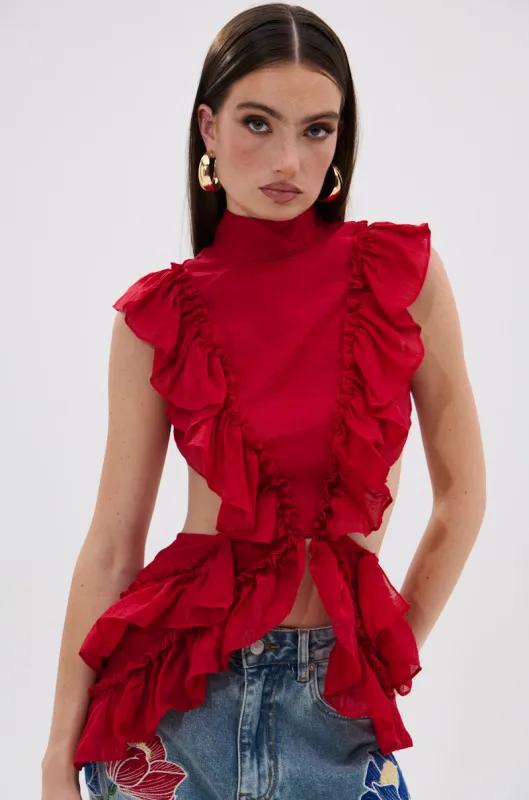 TIFFANY RUFFLE BLOUSE IN RED sold by AKIRA