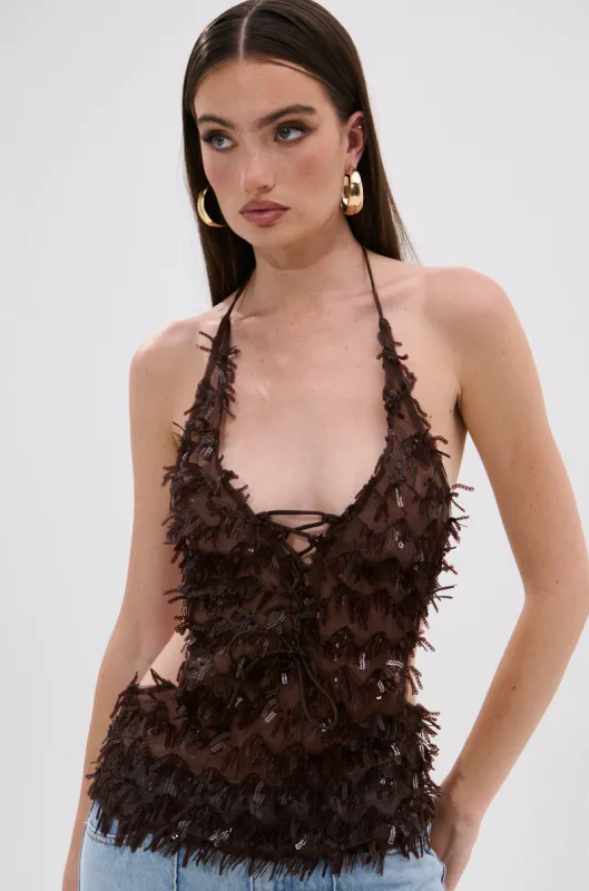 SEQUIN FRINGE QUEEN HALTER NECK BLOUSE sold by AKIRA