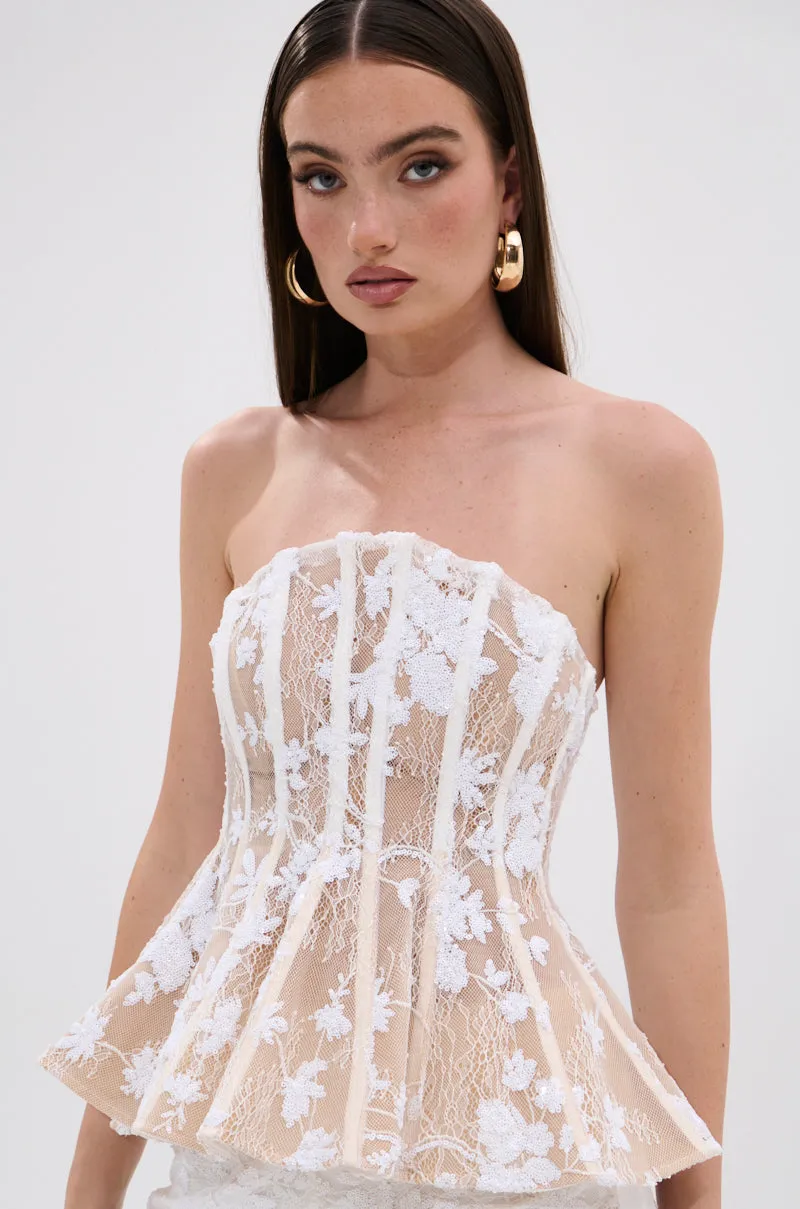 UP NEXT LACE CORSET TOP IN WHITE sold by AKIRA