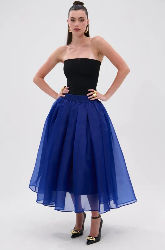 STAY CLOSE TO ME MIDI SKIRT IN BLUE sold by AKIRA