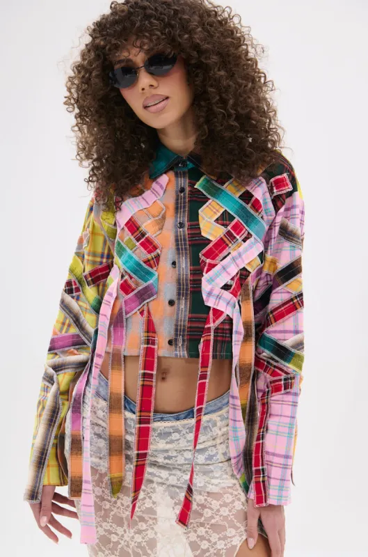 FEELING CRAZY MIXED PLAID BUTTON DOWN sold by AKIRA