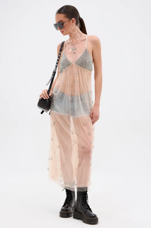 DO YOU BELIEVE IN LOVE RHINESTONE MESH MIDI DRESS sold by AKIRA