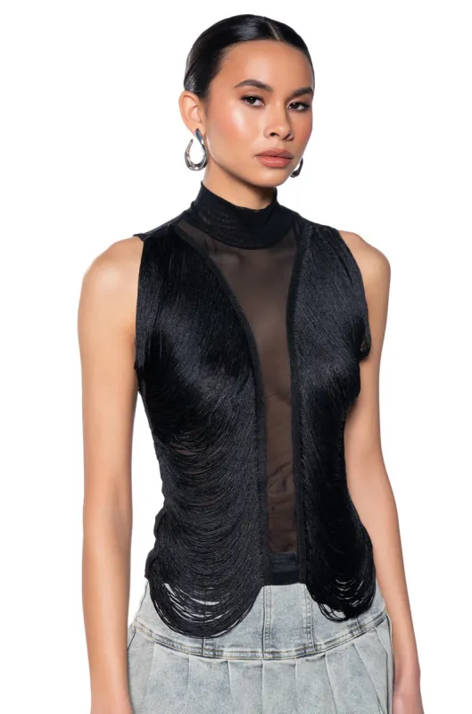 DANIELA FRINGE DETAIL SLEEVELESS MESH TOP IN BLACK sold by AKIRA