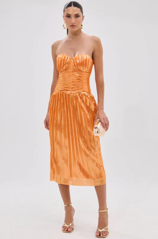 ALL ABOUT ME SATIN BUBBLE MIDI DRESS IN ORANGE sold by AKIRA