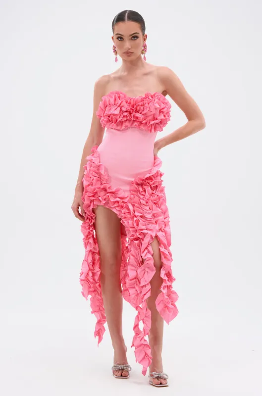 CITY LIGHTS RUFFLE MIDI DRESS IN LIGHT PINK sold by AKIRA