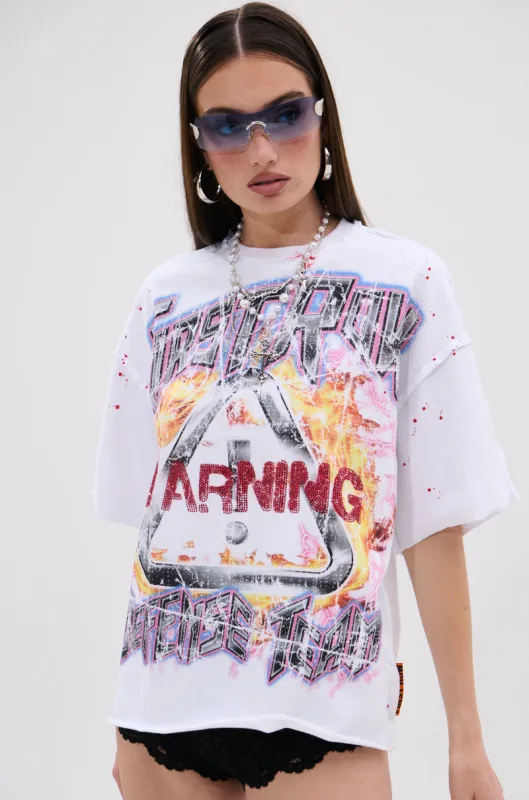 WARNING SIGNS CROPPED GRAPHIC TEE sold by AKIRA
