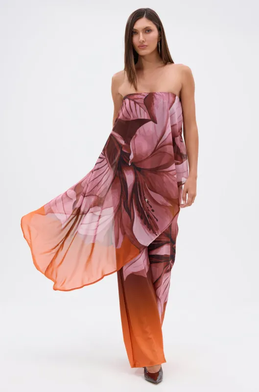 ON A BEACH SOMEWHERE PRINTED JUMPSUIT IN ORANGE sold by AKIRA