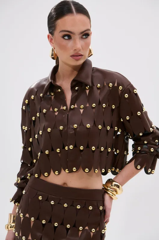 SNEAK PEEK STUDDED PU CROP CARDIGAN IN BROWN sold by AKIRA