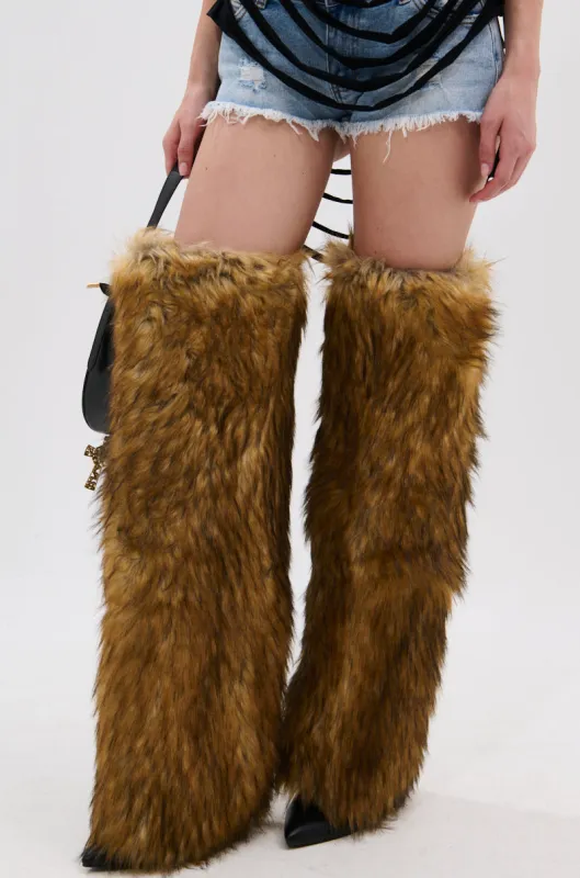 AZALEA WANG LANGDON BROWN THIGH HIGH FUR LUXE BOOT sold by AKIRA