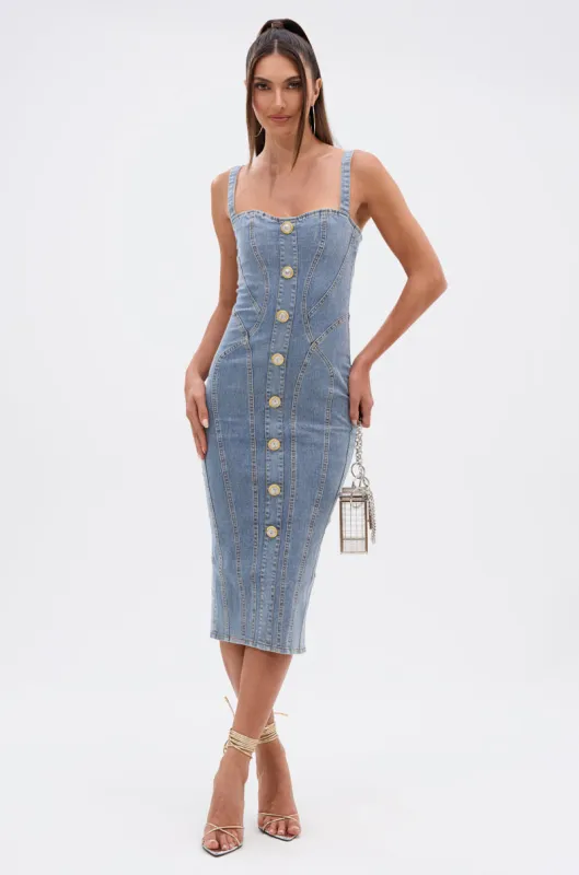 AMRATA DENIM MIDI DRESS WITH GOLD BUTTONS sold by AKIRA