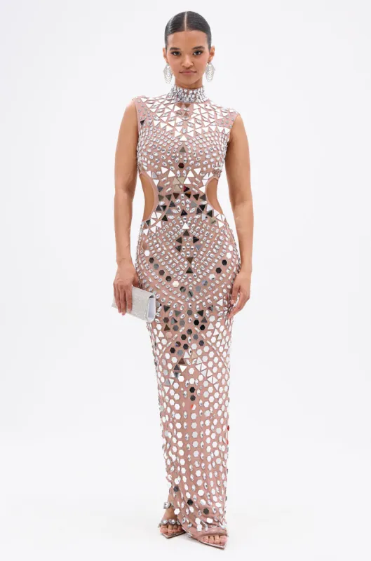 QUEEN OF EVERYTHING MIRRORED MAXI DRESS IN SILVER sold by AKIRA
