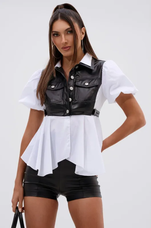 NEW DRESS CODE LEATHER AND POPLIN BUTTON DOWN SHIRT sold by AKIRA