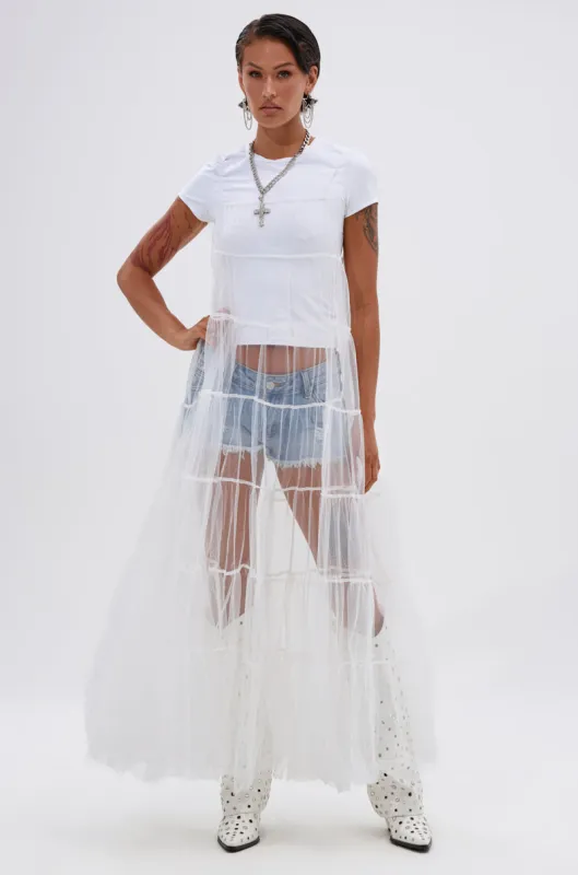 PERFECT FOR LAYERING TULLE MAXI DRESS IN WHITE sold by AKIRA