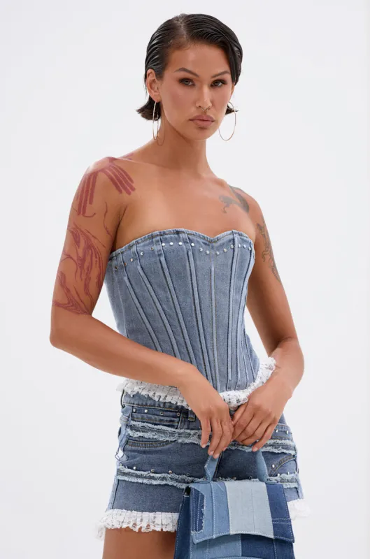 DARLING LACE TRIM DENIM CORSET sold by AKIRA