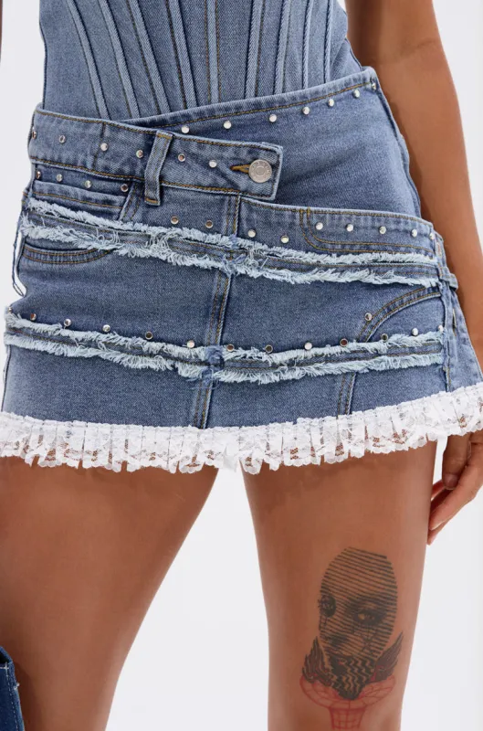 DARLING LACE TRIM DENIM MINI SKIRT sold by AKIRA