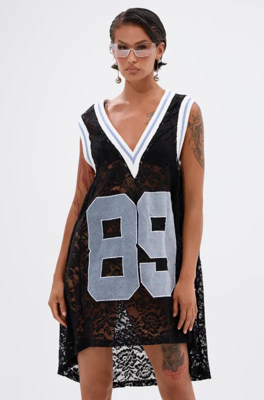 ON THE SIDELINES LACE JERSEY MINI DRESS WITH DENIM sold by AKIRA
