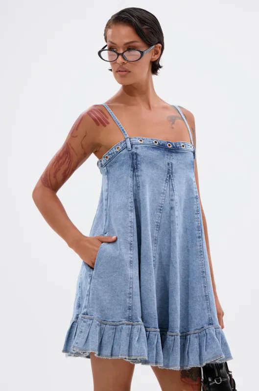 PLEATED UP MINI DRESS IN DENIM sold by AKIRA