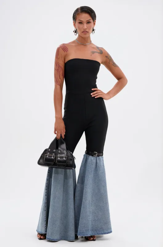 COOL GIRL DENIM BANDAGE JUMPSUIT sold by AKIRA