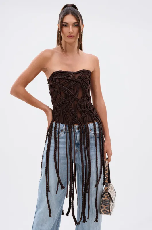 FIND MY OWN WAY TASSEL MESH CORSET sold by AKIRA