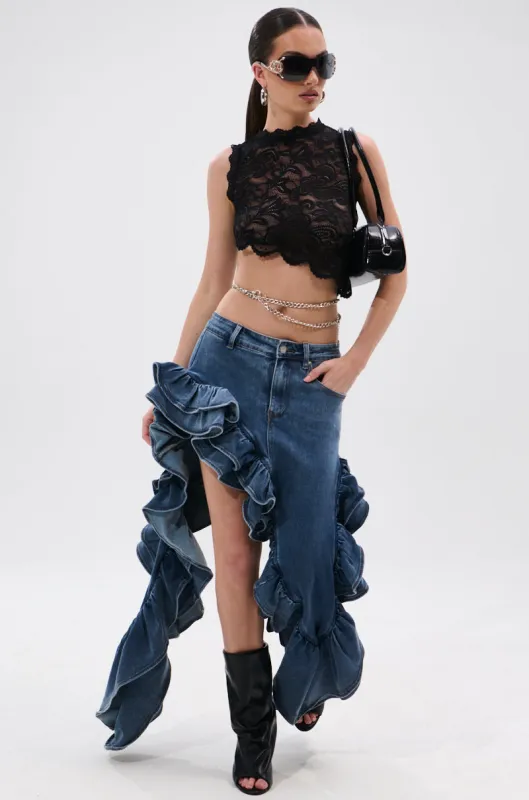 DONT MESS WITH MY HEART DENIM RUFFLE SKIRT sold by AKIRA