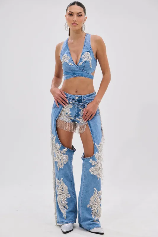 DIVALICIOUS DENIM CHAPS IN LIGHT BLUE sold by AKIRA