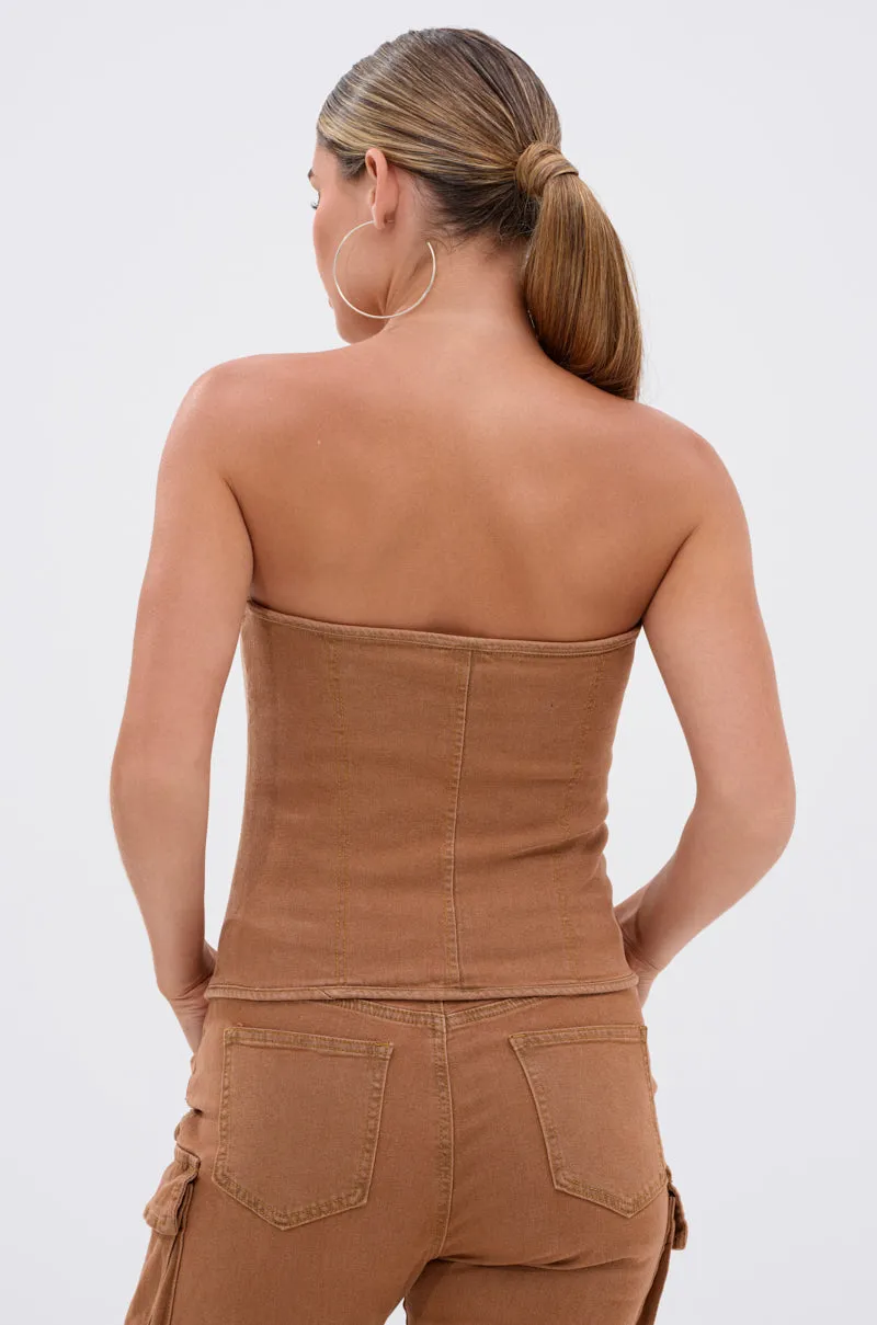 IT GETS EASIER DENIM CORSET IN MOCHA sold by AKIRA product image thumbnail 4