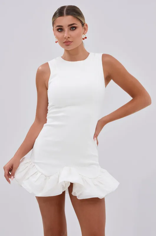 FAHARI RUFFLE HEM MINI DRESS IN WHITE sold by AKIRA