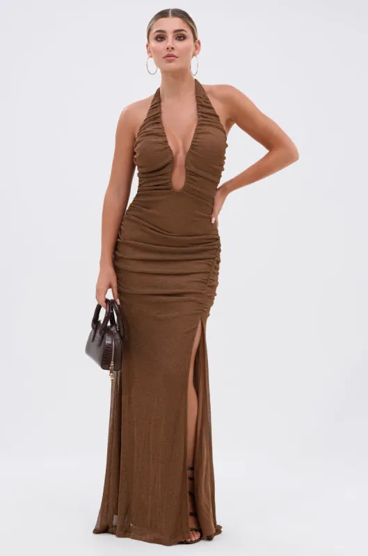 SERPENTI PLUNGE MAXI DRESS IN METALLIC BROWN sold by AKIRA