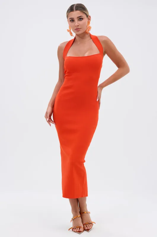 WISH YOU WELL MIDI DRESS IN ORANGE sold by AKIRA