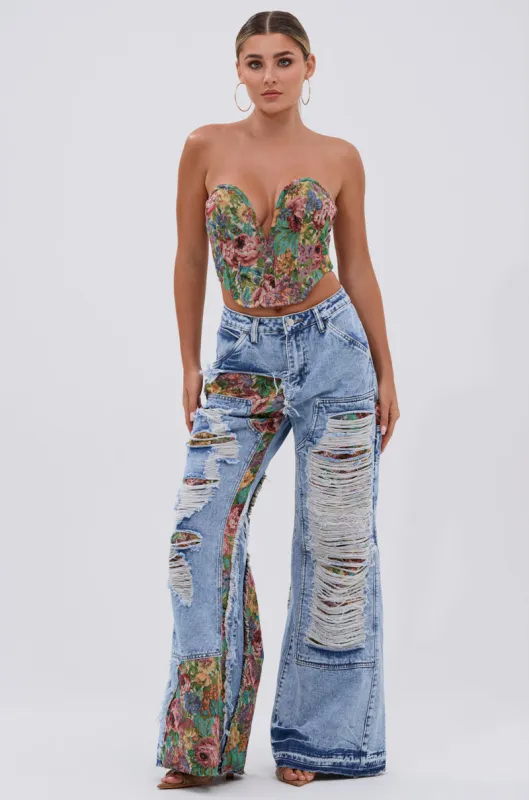 THOUGHT I KNEW YOU RELAXED DENIM WITH BROCADE sold by AKIRA