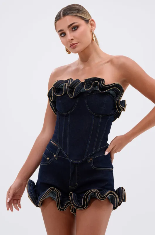 SOMETHING DIFFERENT DENIM CORSET WITH ZIPPER DETAIL sold by AKIRA