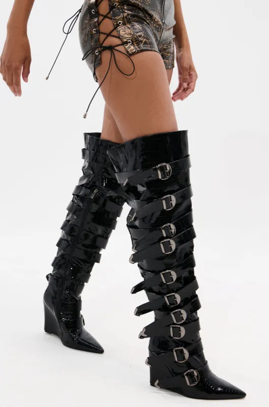 AZALEA WANG CINZIA BLACK CROC BUCKLE WEDGE BOOT sold by AKIRA