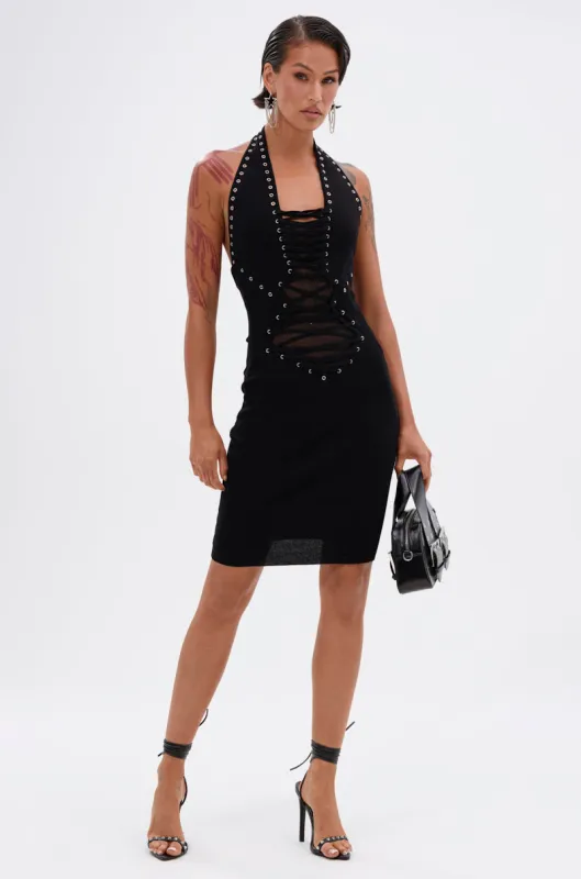 EDGY AND COOL LACE UP KNIT MINI DRESS sold by AKIRA