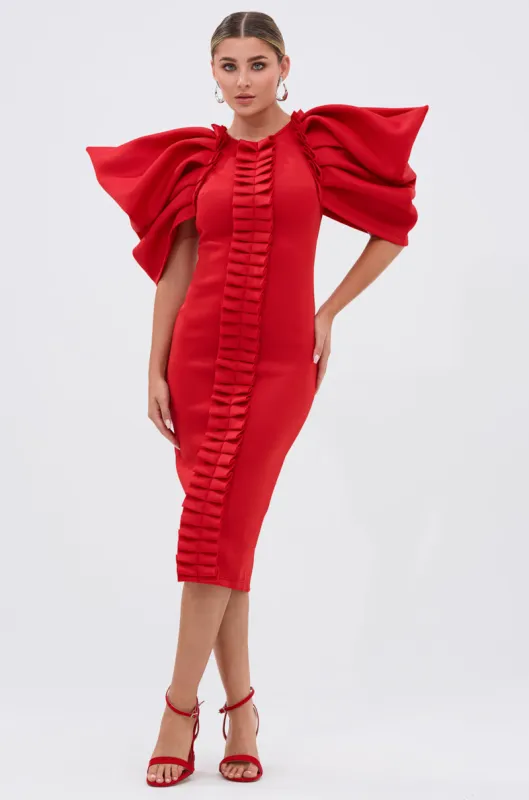 PURE JOY MIDI DRESS WITH DRAMATIC SLEEVE IN RED sold by AKIRA